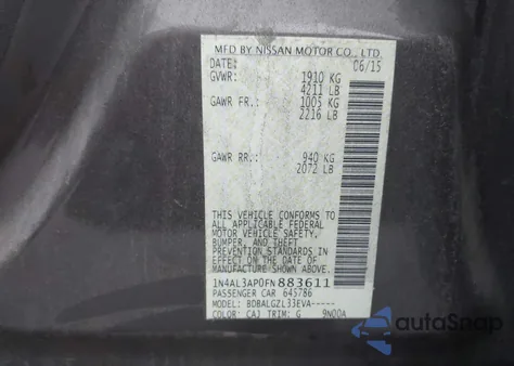 2015 Nissan Altima 2.5/2.5 S/2.5 Sl/2.5 Sv из США, поврежденный, VIN 1N4AL3AP0FN883611